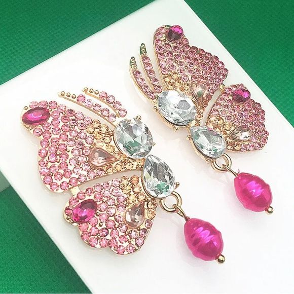 EARRINGS! Betsey Johnson Butterfly Pink Gemstone Post Earrings BNWT - Picture 2 of 3
